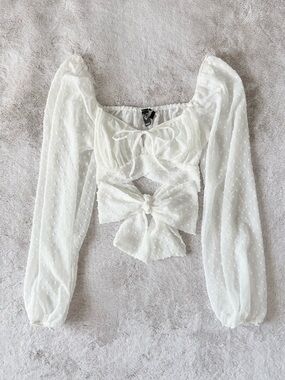 Windsor White Swiss Dot Tie-Back Puff Sleeve Crop Top